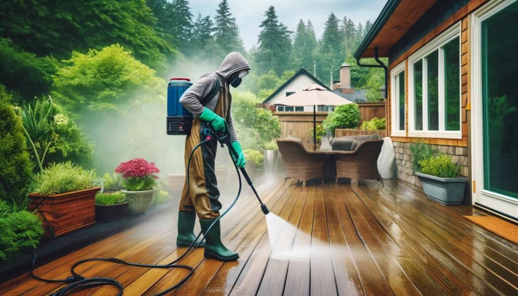 Man pressure washing wooden deck in Snohomish