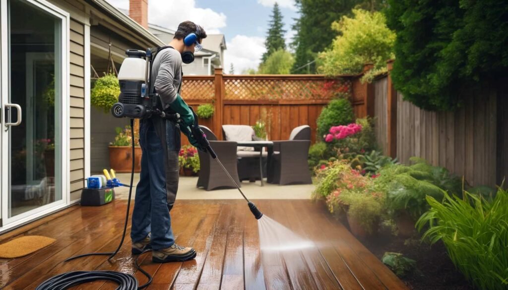 Man pressure washing wooden deck in backyard.