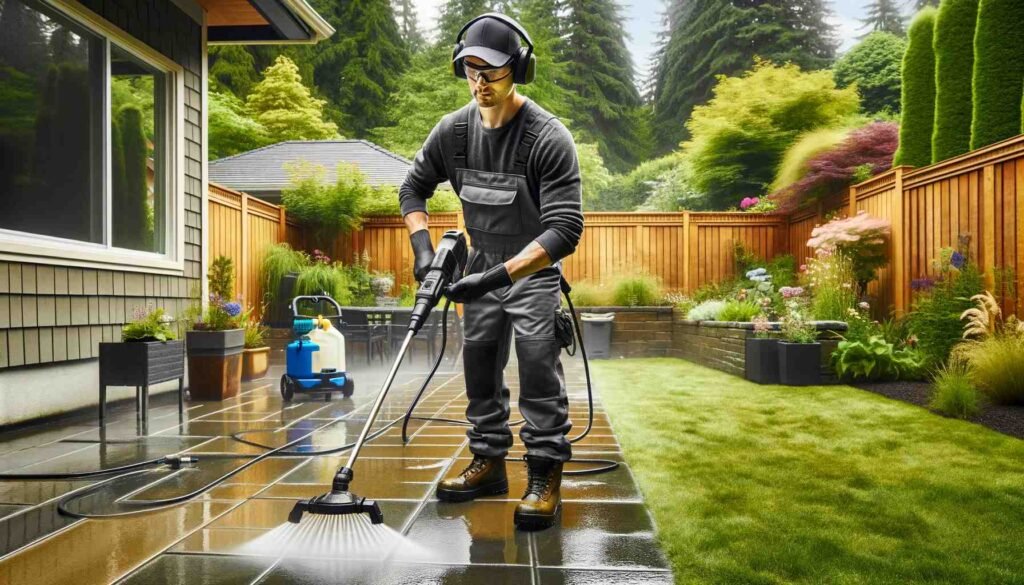 Man pressure washing patio in lush garden.