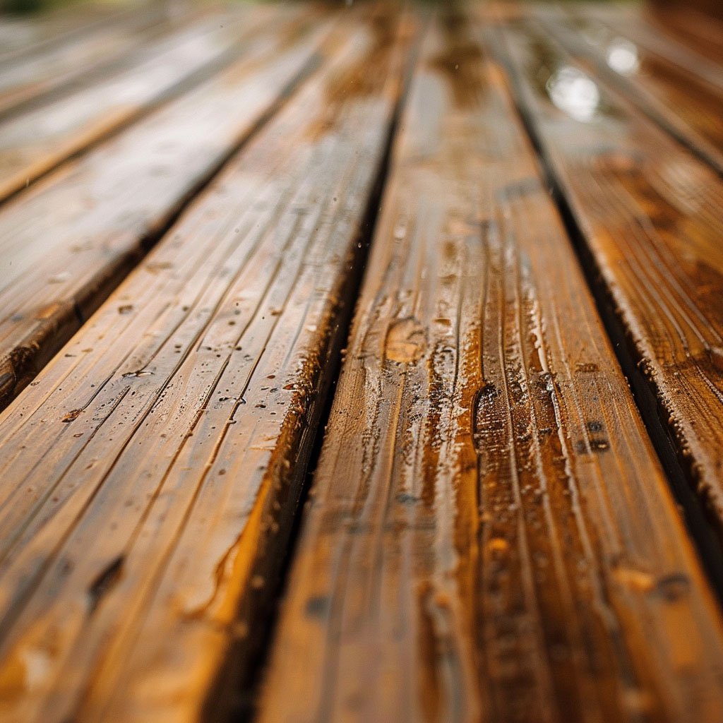 Wet wooden planks with raindrops, close-up texture.