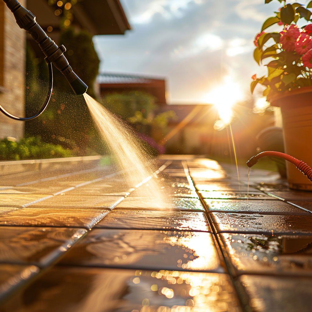 Sunset watering on wet patio with blooming flowers.