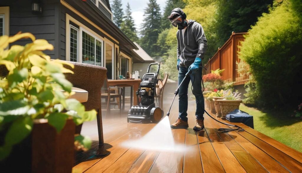 Man pressure washing wooden deck in Snohomish