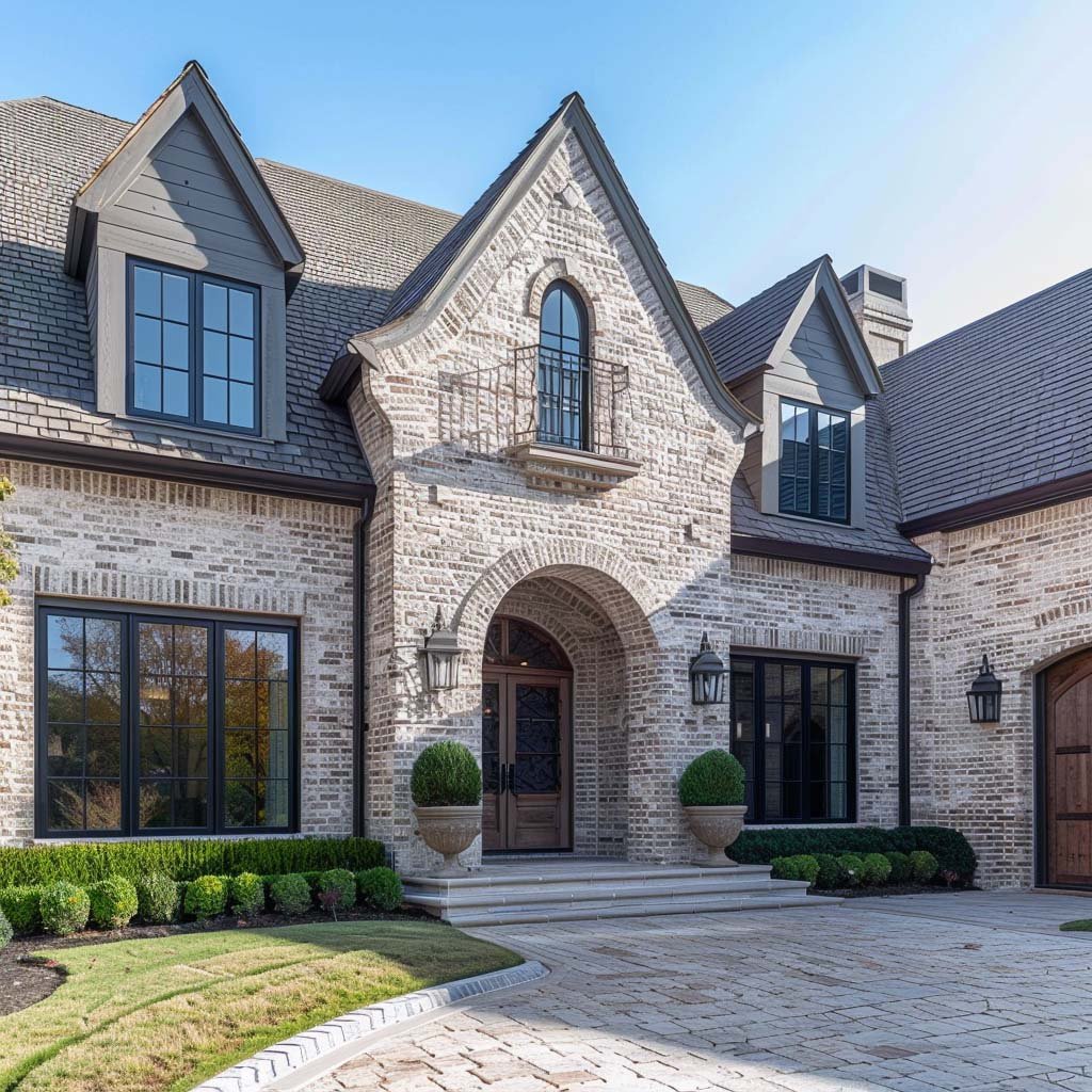 Elegant brick home with arched entryway and manicured landscape.