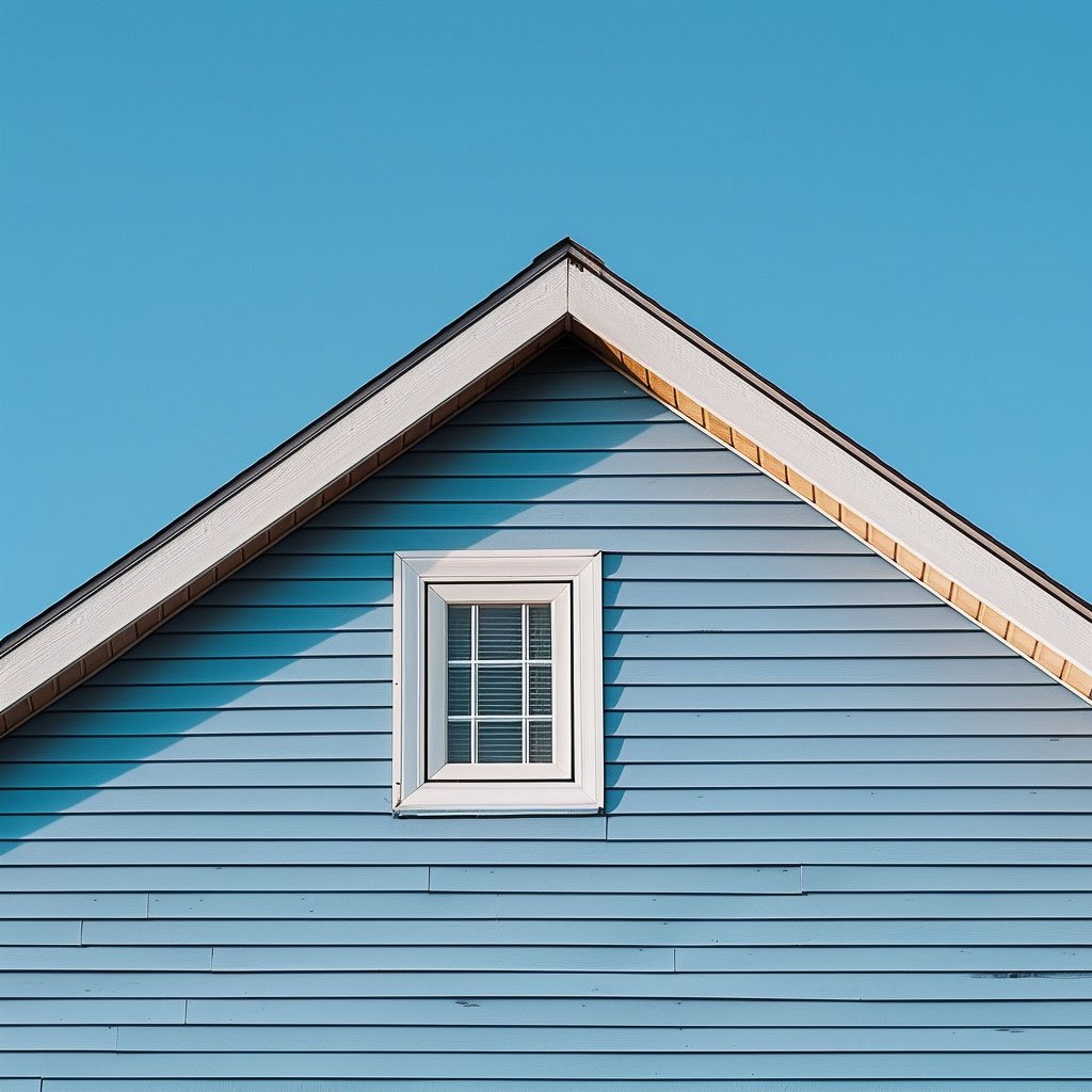 Blue house gable with white window under clear sky.