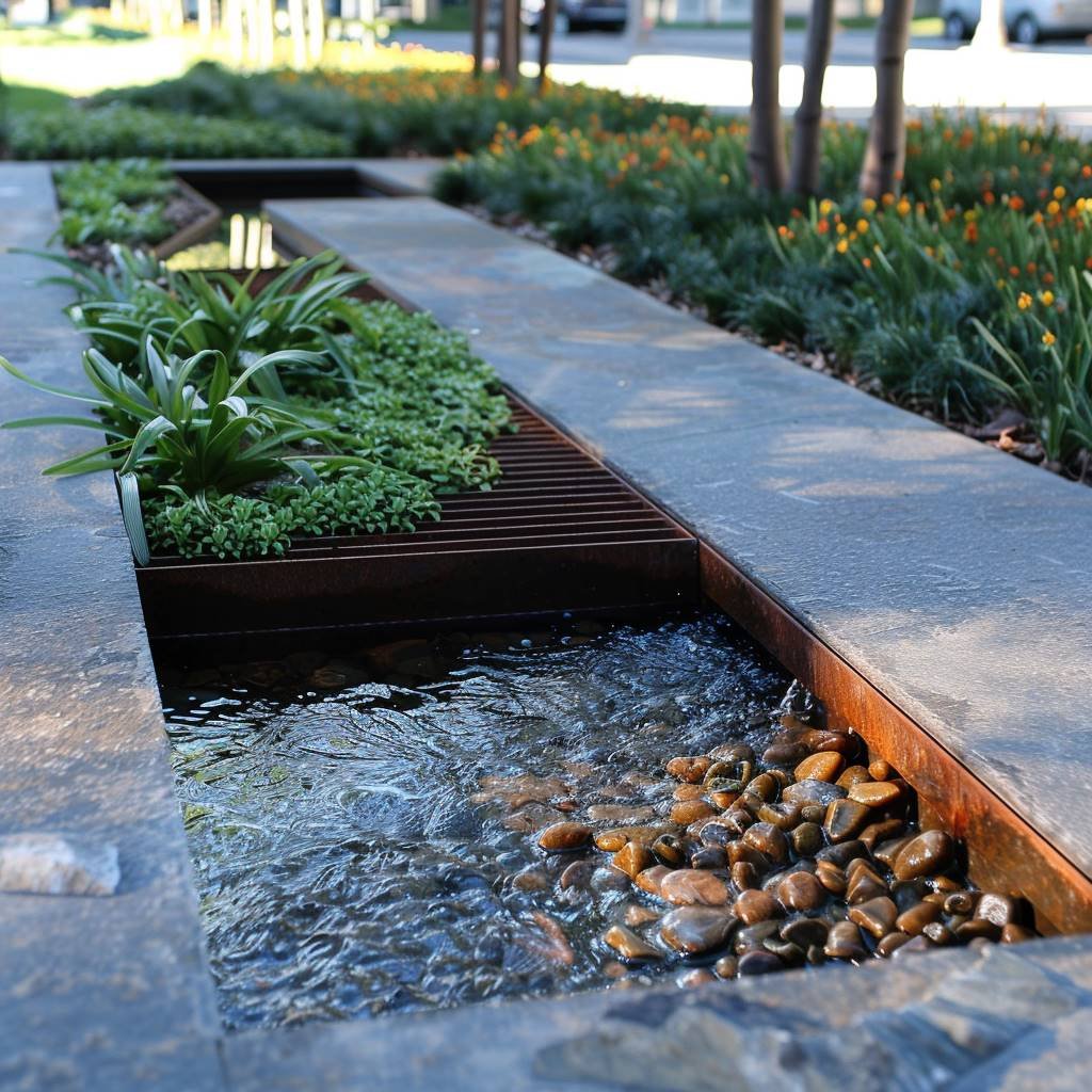 Urban garden water feature with plants and pebbles.