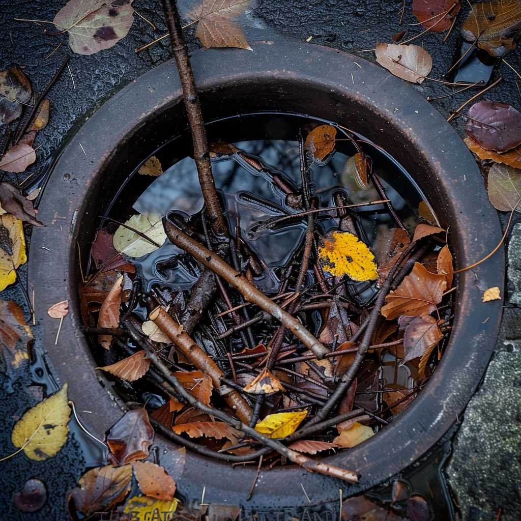 Autumn leaves and sticks in water-filled tire.