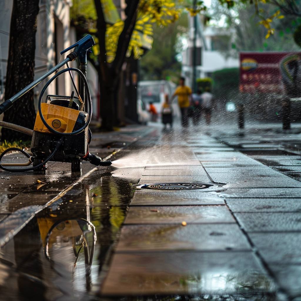 Pressure washer cleaning city sidewalk, sunny day.