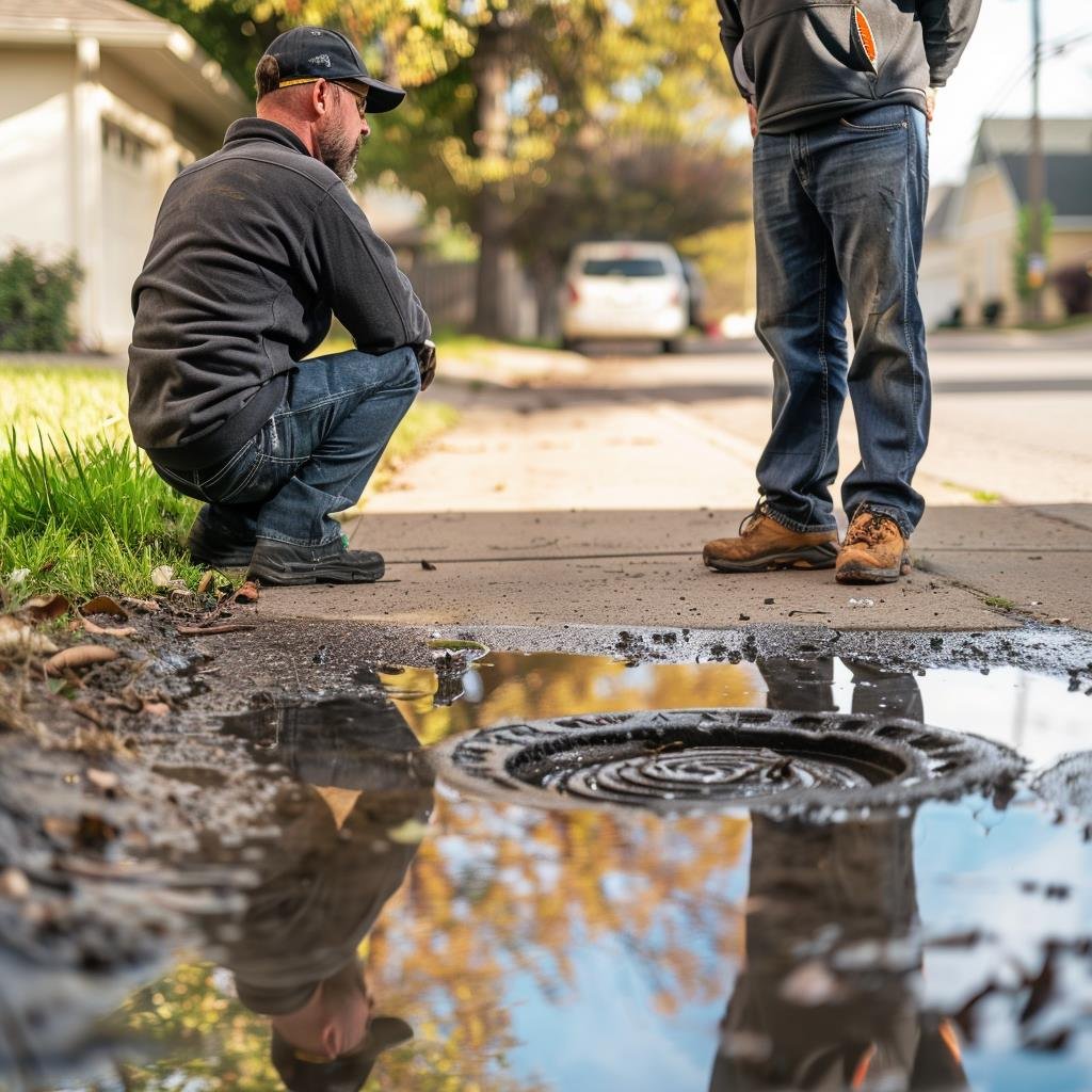 Two men crouching beside puddle reflecting manhole cover.