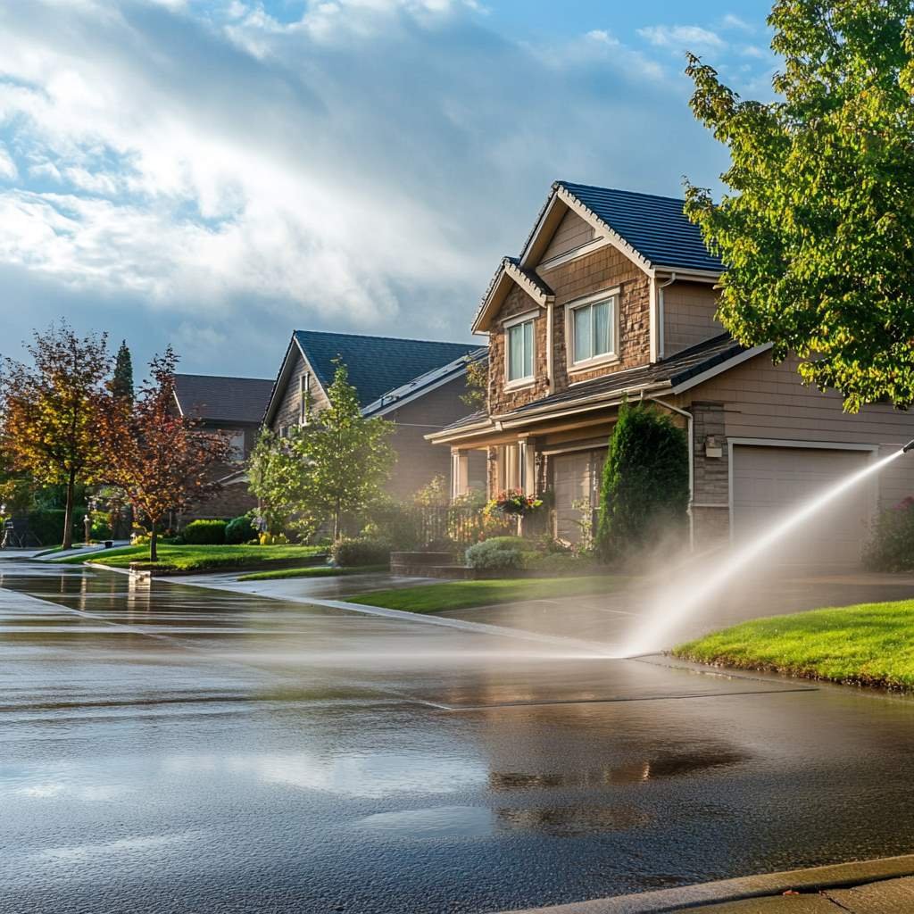 Sprinkler watering suburban street on sunny day.