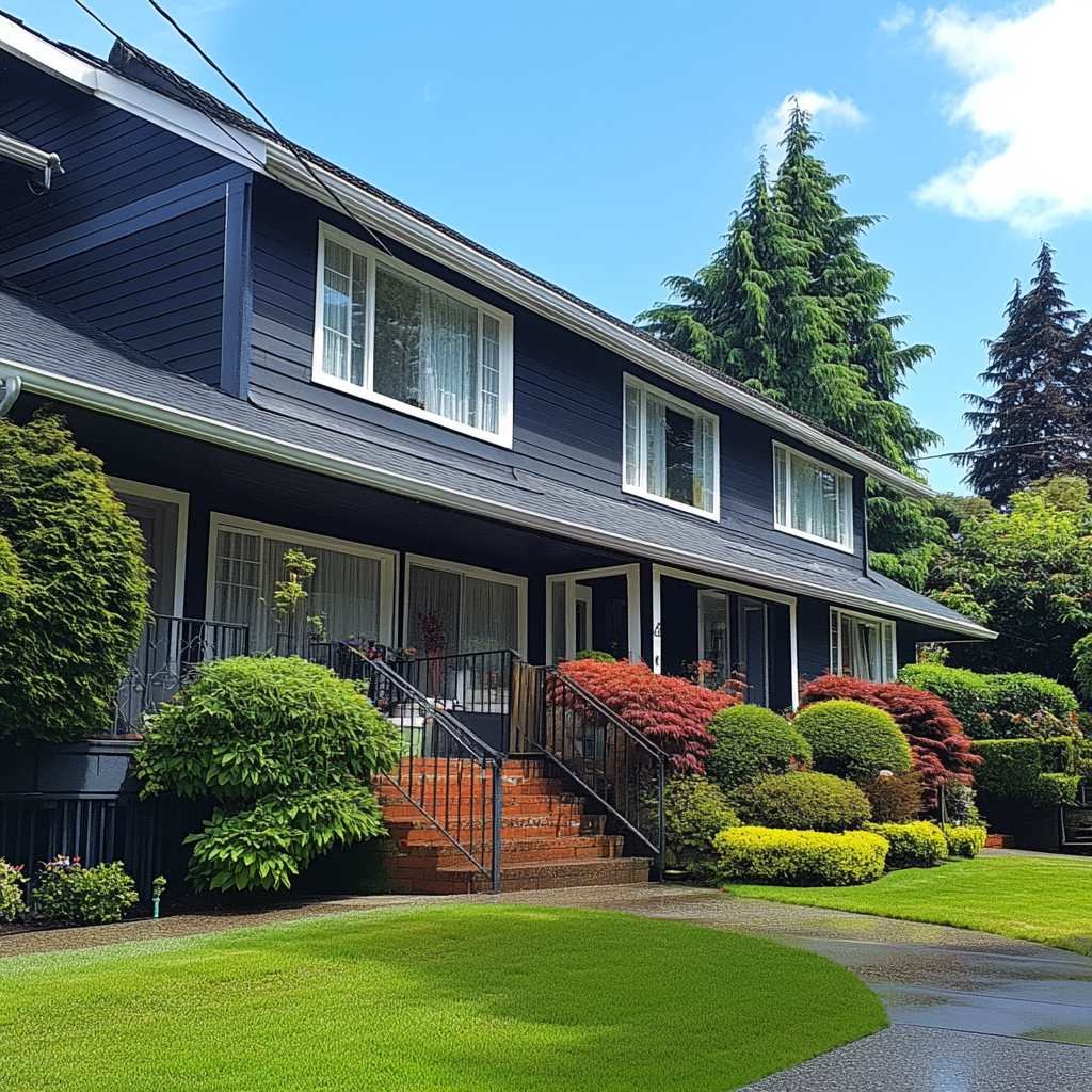 Dark blue two-story house with lush green lawn.