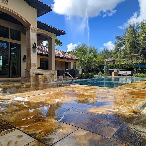 Luxurious house with pool and wet patio under sunny sky.