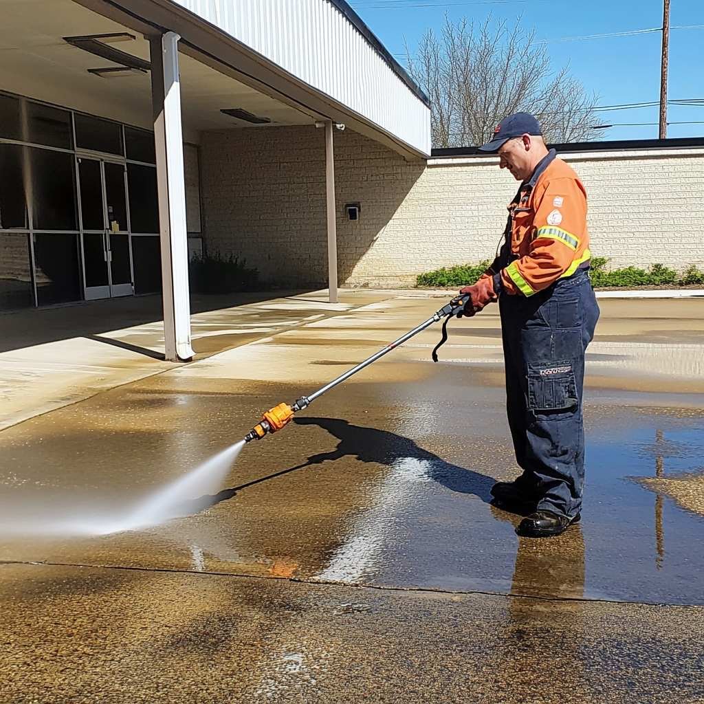 Worker using pressure washer on concrete driveway.