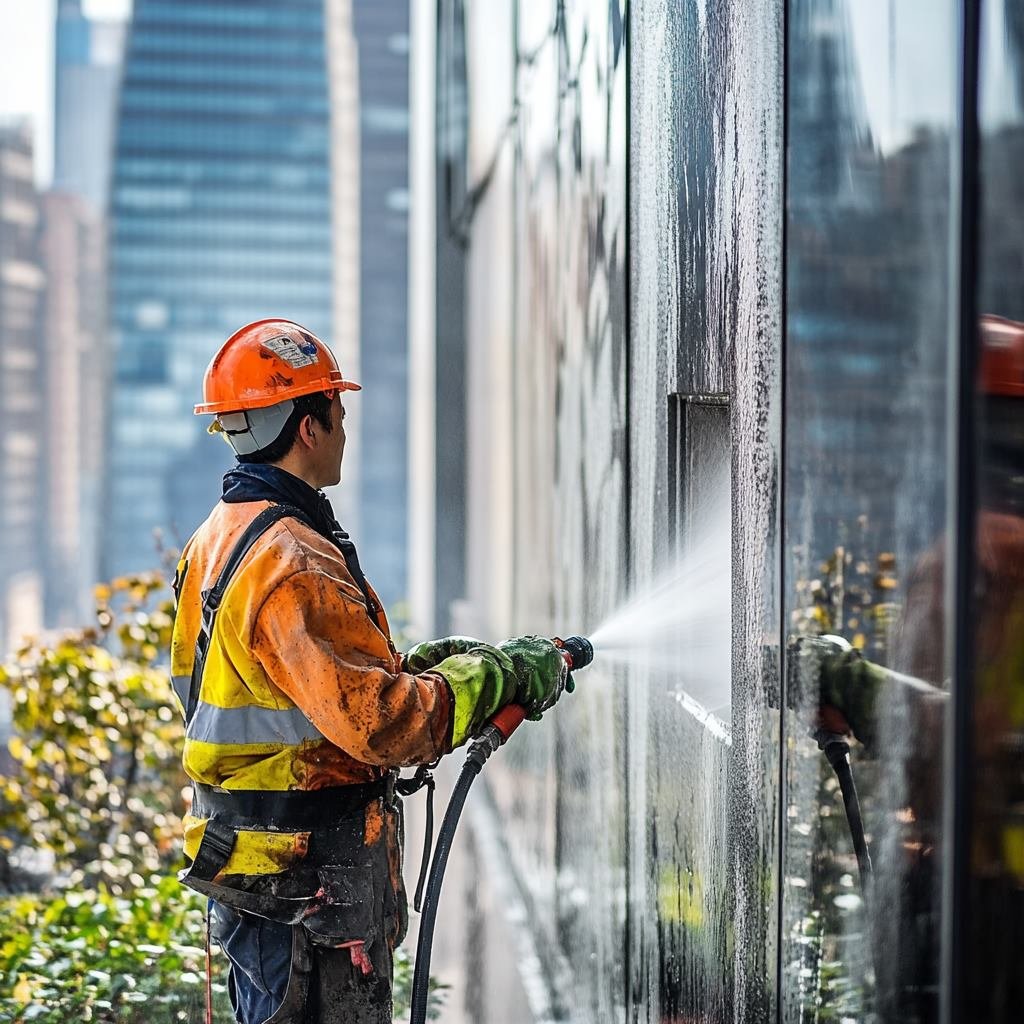 Firefighter washing building windows in urban setting.