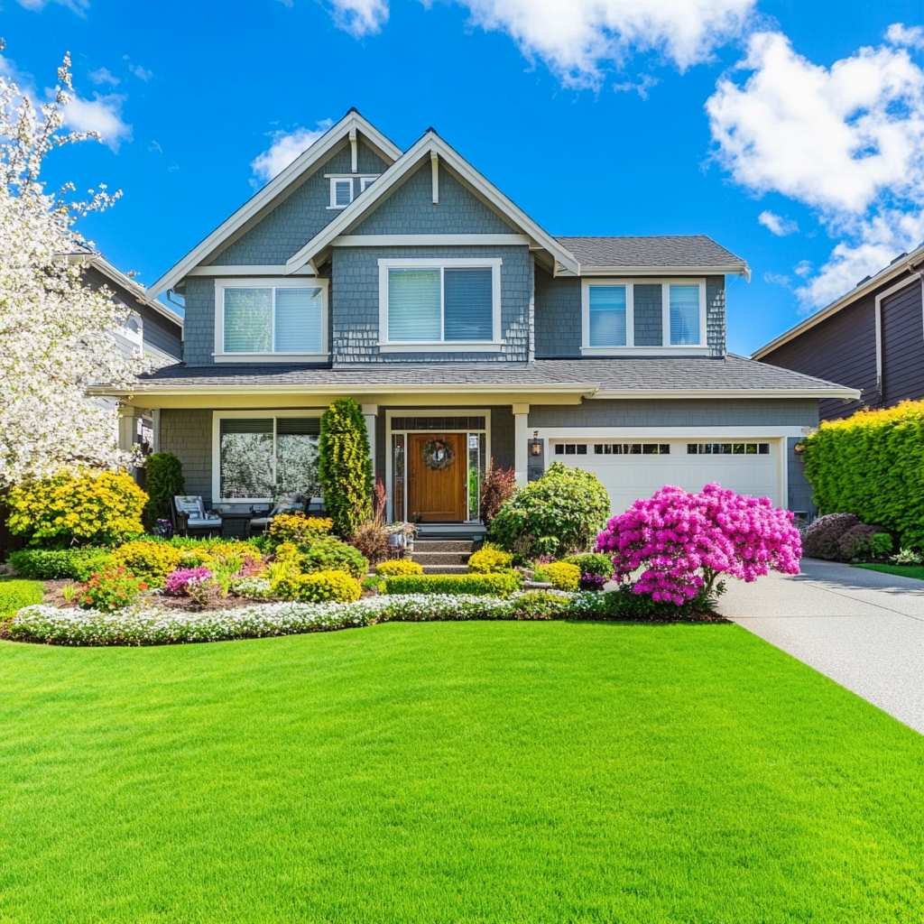 Gray two-story house with lush garden and green lawn.