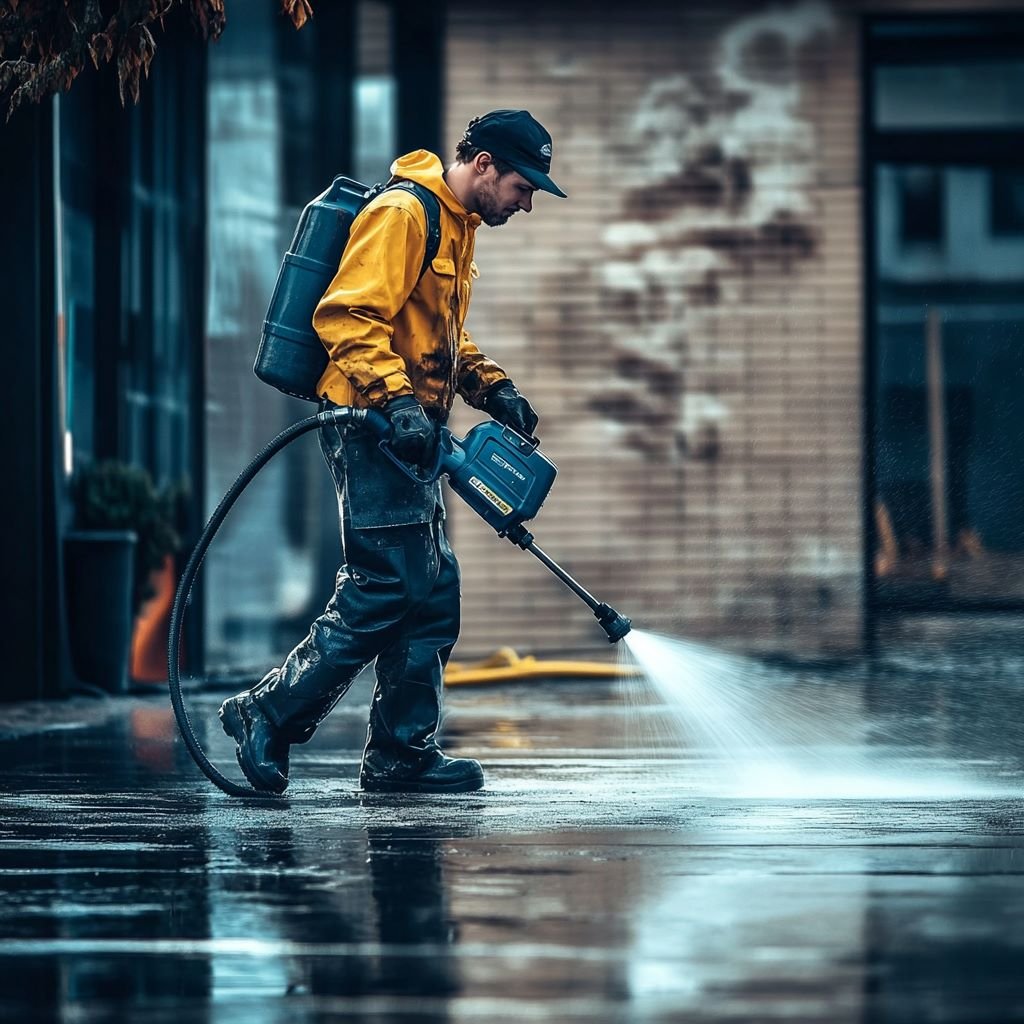 Man using pressure washer on wet urban pavement.