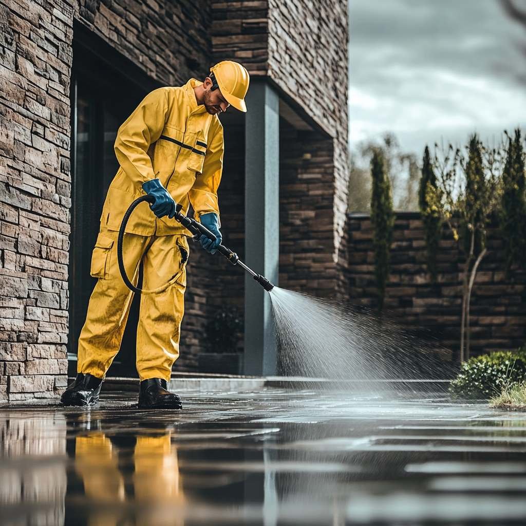 Worker in yellow using pressure washer outdoors.