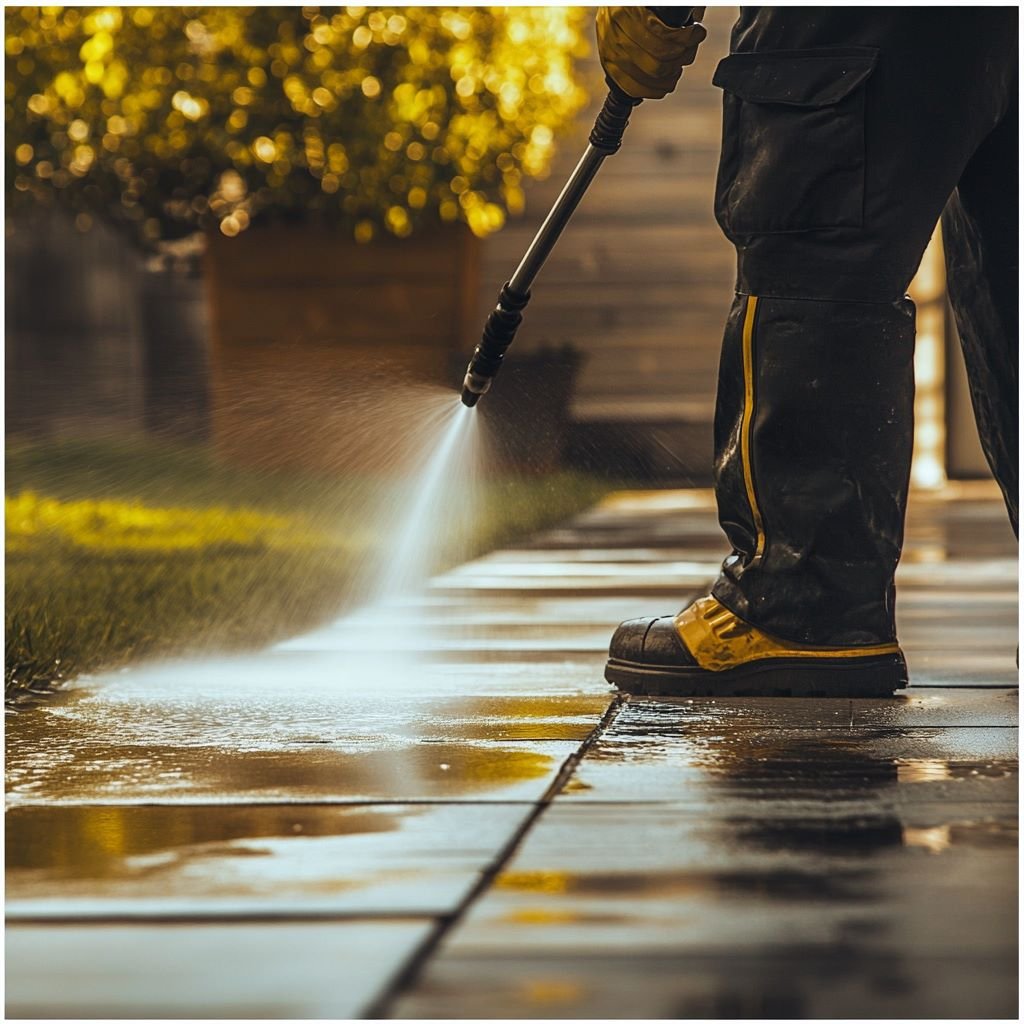 Person pressure washing sunny outdoor pathway.