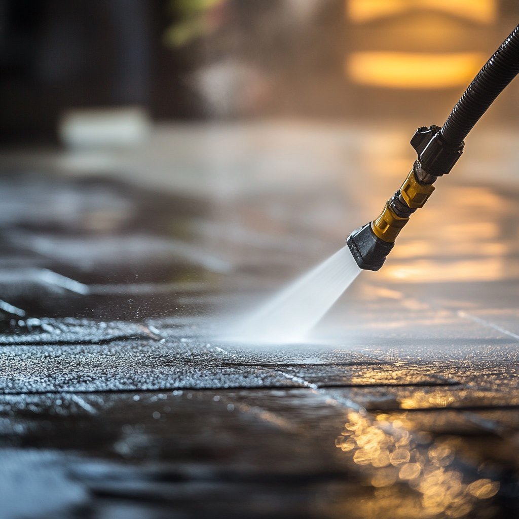 High-pressure water spray cleaning a surface.