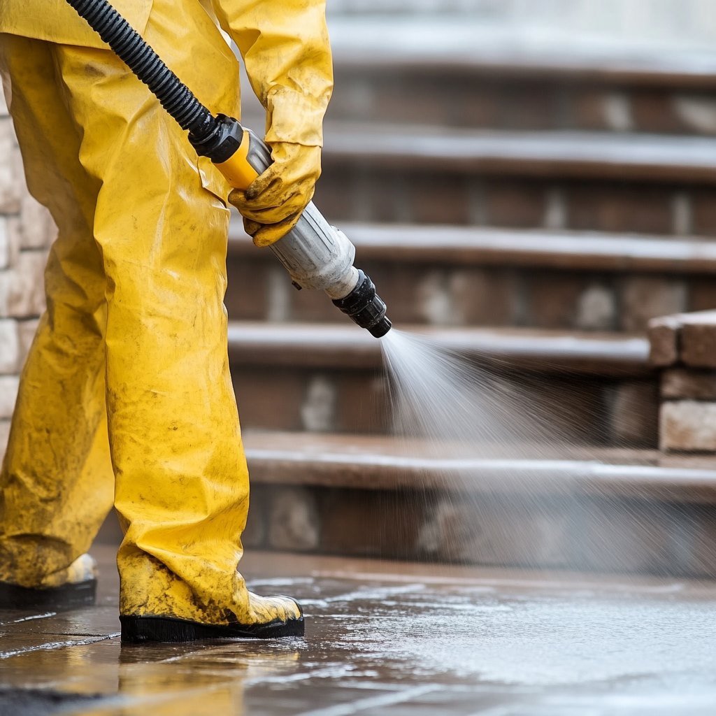 Worker pressure washing pavement in yellow protective suit.