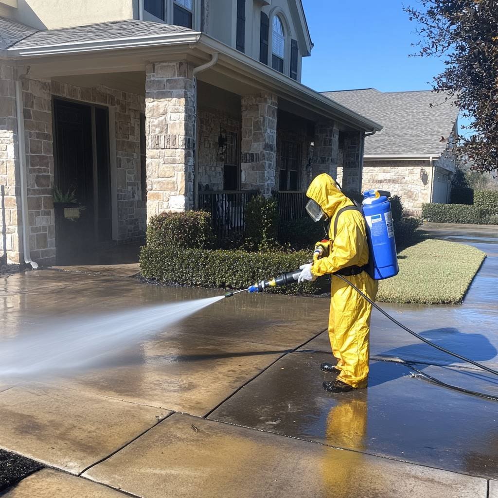 Worker in hazmat suit power washing driveway.