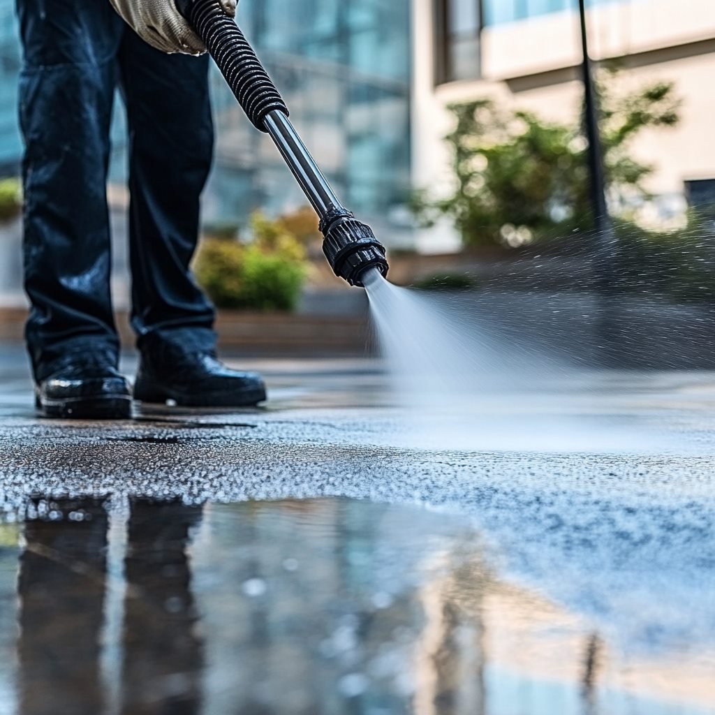 Person pressure washing urban pavement.