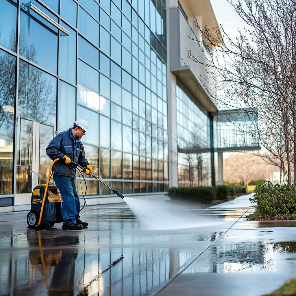 Worker power-washing sidewalk near modern glass building.