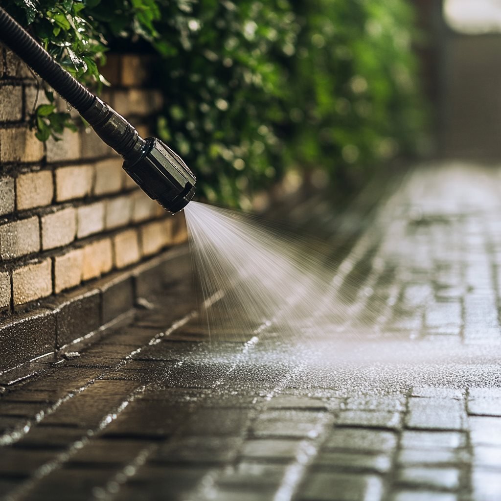 Pressure washing brick path beside green foliage.