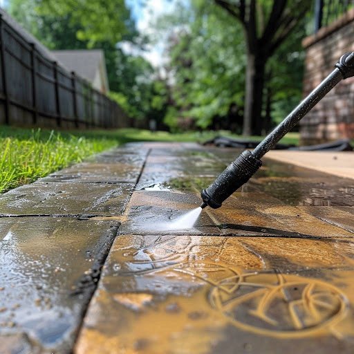 Pressure washing a dirty brick path outdoors.