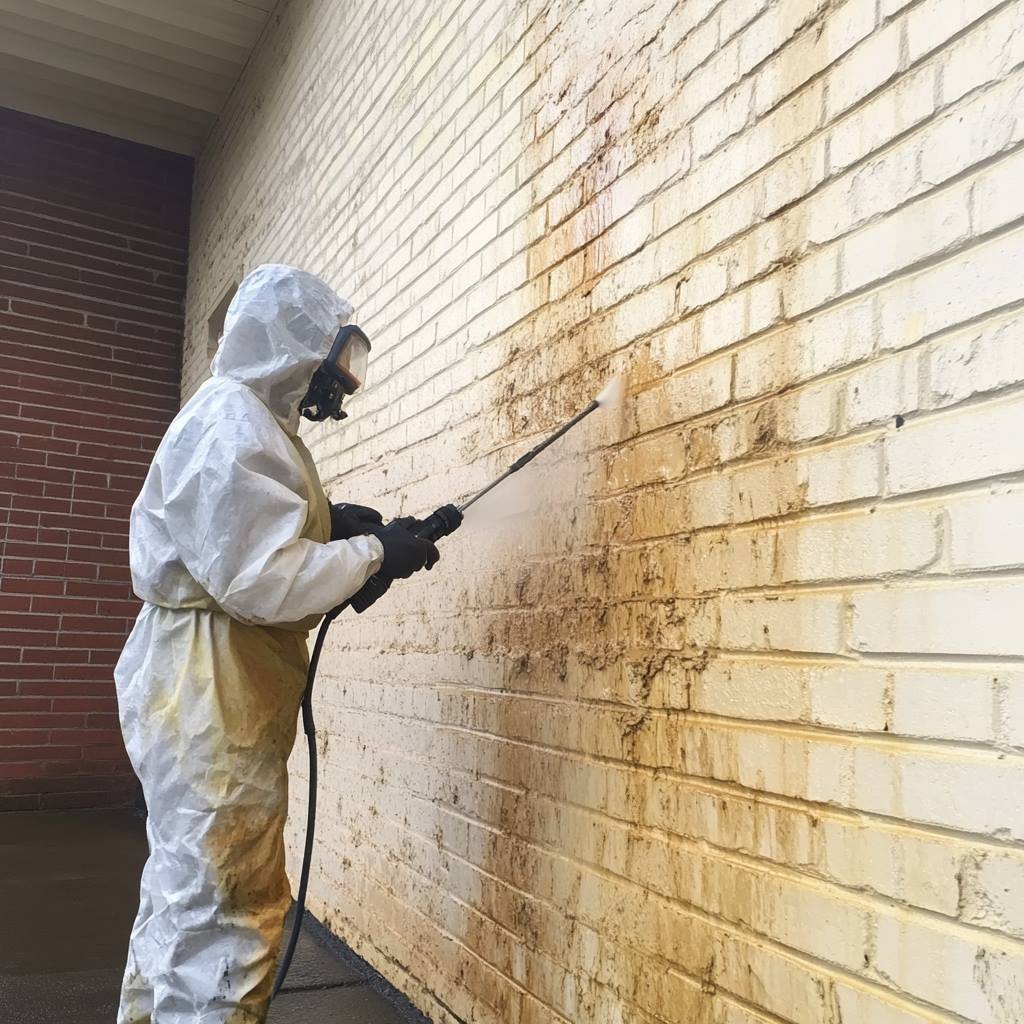 Person in protective suit power washing dirty brick wall.