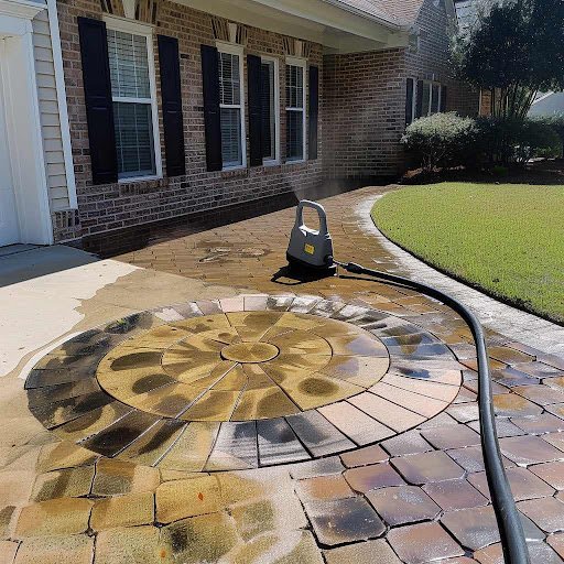 Pressure washing circular brick pathway at house.